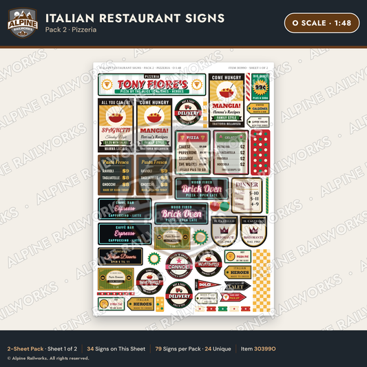 Alpine Railworks 30399O O Scale Italian Restaurant Signs - Pizzeria