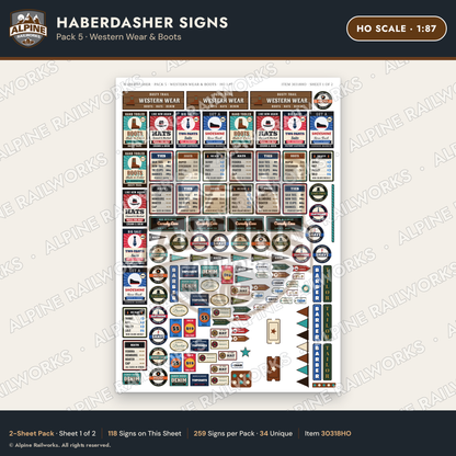Alpine Railworks 30318HO HO Scale Haberdasher Signs - Western Wear