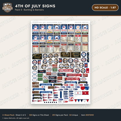 Alpine Railworks 30372HO HO Scale 4th of July Signs - Bunting