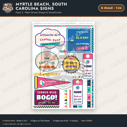 Alpine Railworks 31291G G Scale Myrtle Beach SC Signs - Shops