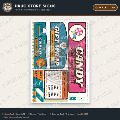 Alpine Railworks 30658G G Scale Drug Store Signs - Aisle Markers