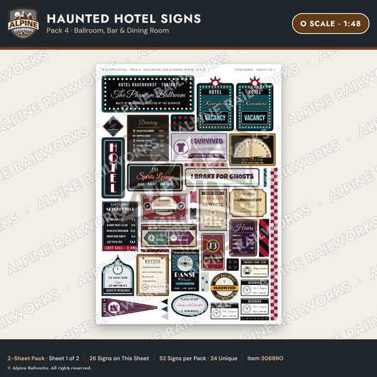 Alpine Railworks 30689O O Scale Haunted Hotel Signs - Ballroom & Bar