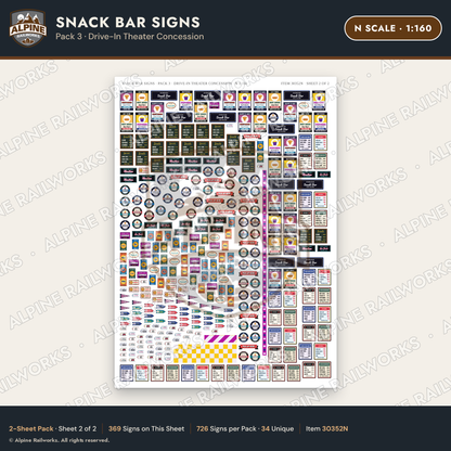 Alpine Railworks 30352N N Scale Snack Bar Signs