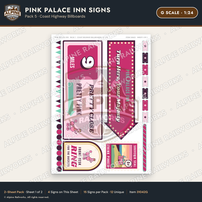 Alpine Railworks 31042G G Scale Roadside Signs - Pink Themed Motel