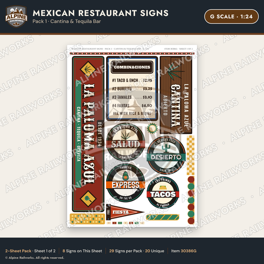Alpine Railworks 30386G G Scale Mexican Restaurant Signs - Cantina