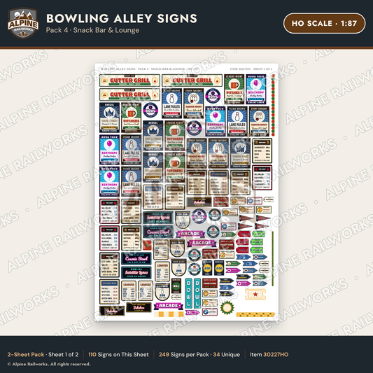 Alpine Railworks 30227HO HO Scale Bowling Alley Signs - Snack Bar