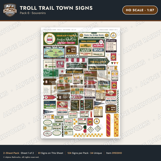 Alpine Railworks 31103HO HO Scale Roadside Signs - Troll Town