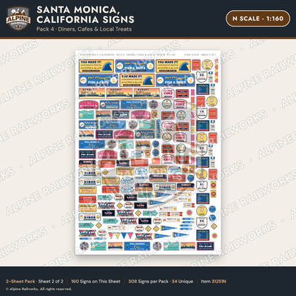 Alpine Railworks 31251N N Scale Santa Monica CA Signs - Diners & Cafes