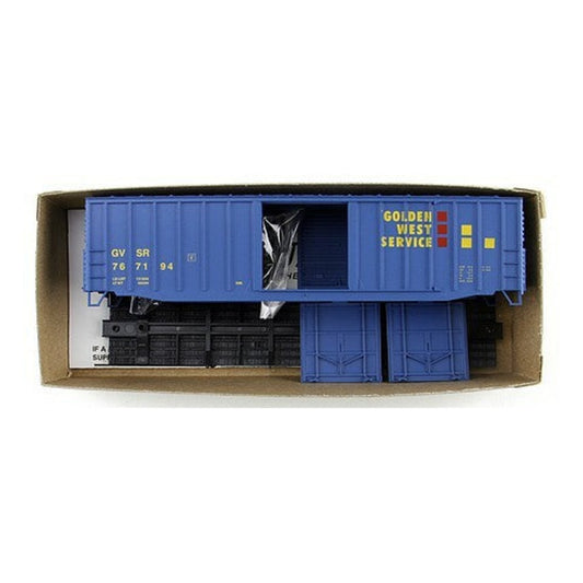 Accurail 56211 HO Scale 50' Exterior-Post Plug-Door Boxcar - Kit -- Golden West Service GVSR #767194 (blue, yellow, red)