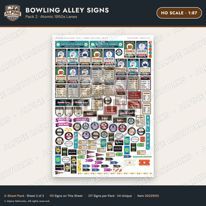 Alpine Railworks 30225HO HO Scale Bowling Alley Signs - Atomic Lanes