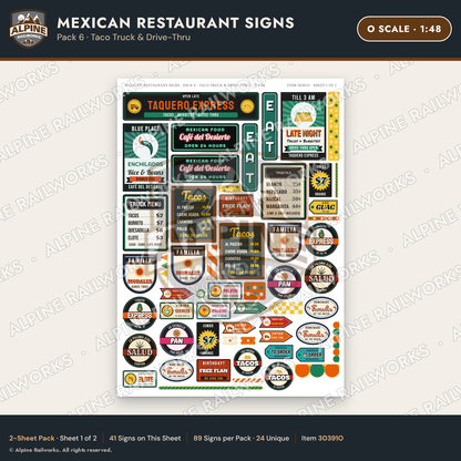 Alpine Railworks 30391O O Scale Mexican Restaurant Signs - Taco Truck