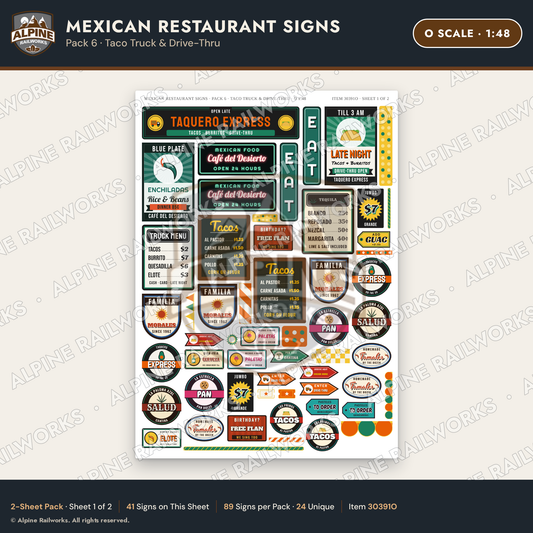 Alpine Railworks 30391O O Scale Mexican Restaurant Signs - Taco Truck