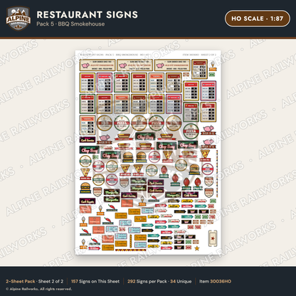 Alpine Railworks 30036HO HO Scale Restaurant Signs - BBQ Smokehouse