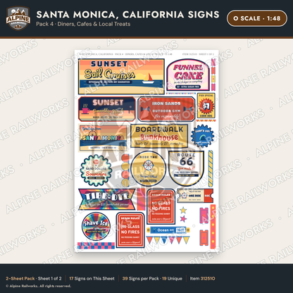 Alpine Railworks 31251O O Scale Santa Monica CA Signs - Diners & Cafes