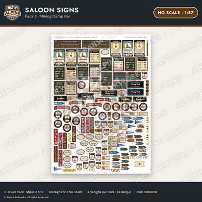 Alpine Railworks 30136HO HO Scale Saloon Signs - Mining Camp Bar