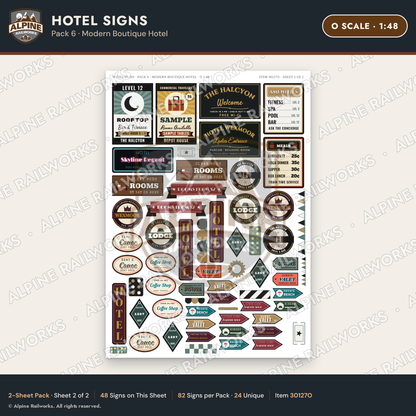 Alpine Railworks 30127O O Scale Hotel Signs - Modern Boutique Hotel
