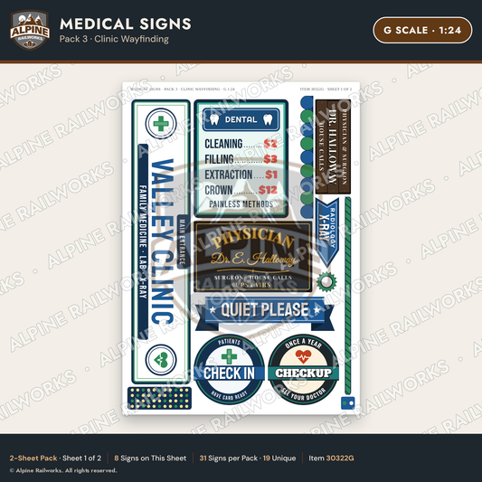 Alpine Railworks 30322G G Scale Medical Signs - Clinic Wayfinding