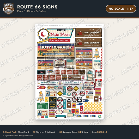 Alpine Railworks 30580HO HO Scale Route 66 Highway Signs - Diners