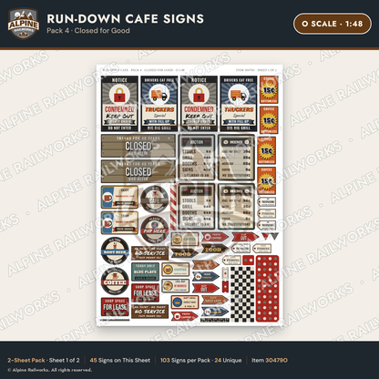 Alpine Railworks 30479O O Scale Run-Down Cafe Signs - Closed for Good