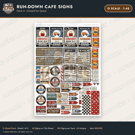 Alpine Railworks 30479O O Scale Run-Down Cafe Signs - Closed for Good