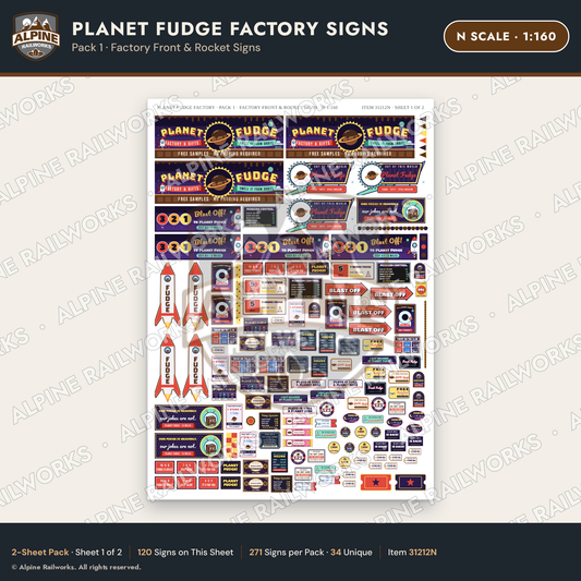 Alpine Railworks 31212N N Scale Fudge Factory Signs - Factory Front