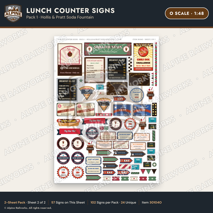 Alpine Railworks 30104O O Scale Lunch Counter Signs - Hollis