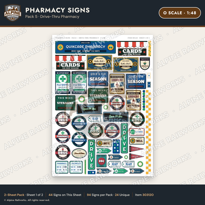 Alpine Railworks 30312O O Scale Pharmacy Signs - Drive-Thru Pharmacy