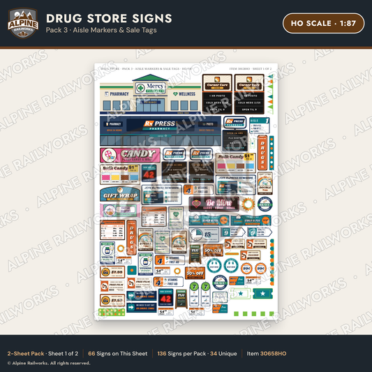 Alpine Railworks 30658HO HO Scale Drug Store Signs - Aisle Markers