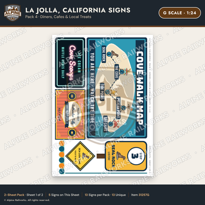 Alpine Railworks 31257G G Scale La Jolla CA Signs - Diners & Cafes