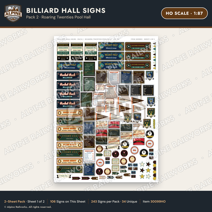 Alpine Railworks 30099HO HO Scale Billiard Hall Signs