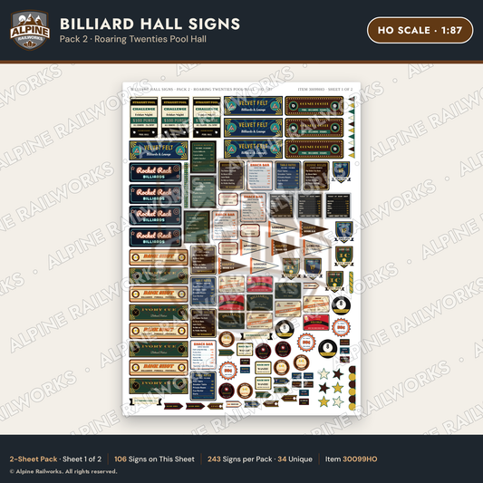 Alpine Railworks 30099HO HO Scale Billiard Hall Signs