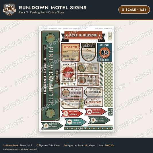 Alpine Railworks 30472G G Scale Run-Down Motel Signs
