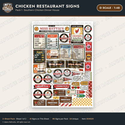 Alpine Railworks 30452O O Scale Chicken Restaurant Signs