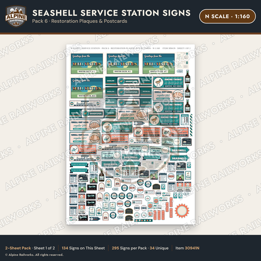 Alpine Railworks 30941N N Scale Roadside Signs - Seashell Gas Station