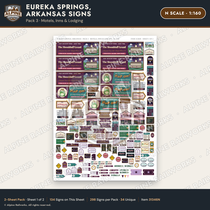 Alpine Railworks 31346N N Scale Eureka Springs Signs - Motels & Inns