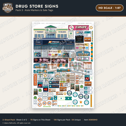 Alpine Railworks 30658HO HO Scale Drug Store Signs - Aisle Markers