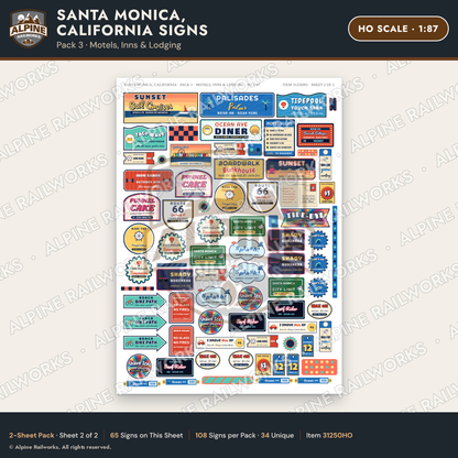 Alpine Railworks 31250HO HO Scale Santa Monica CA Signs - Motels
