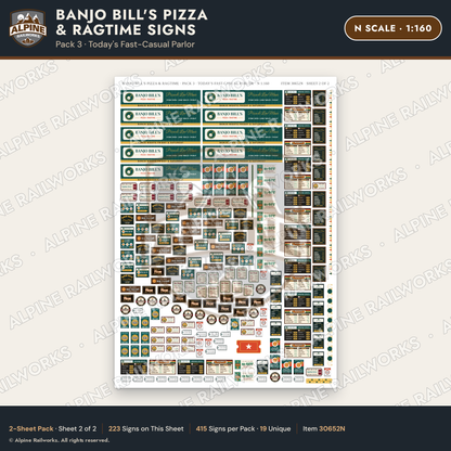 Alpine Railworks 30652N N Scale Restaurant Signs - Pizza & Music Hall