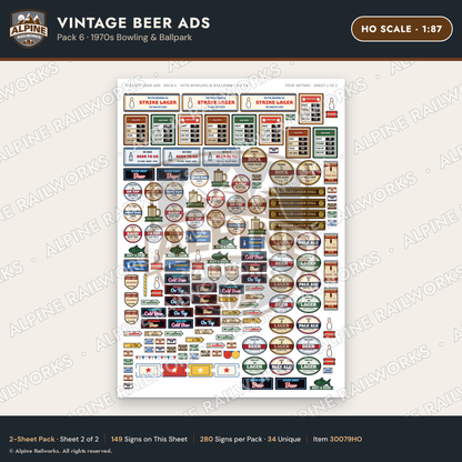 Alpine Railworks 30079HO HO Scale Vintage Beer Ads - 1970s Bowling