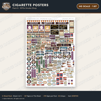 Alpine Railworks 30187HO HO Scale Cigarette Posters - 1970s Smoke Shop