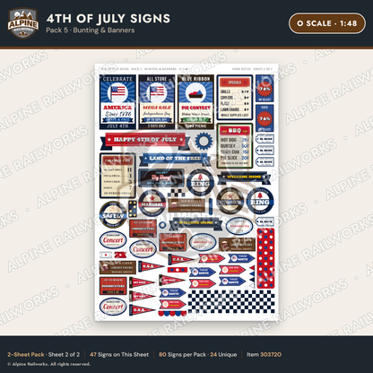 Alpine Railworks 30372O O Scale 4th of July Signs - Bunting & Banners