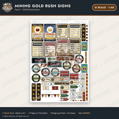 Alpine Railworks 30260O O Scale Mining Gold Rush Signs - 1849 Boomtown