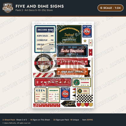 Alpine Railworks 30111G G Scale Five and Dime Signs