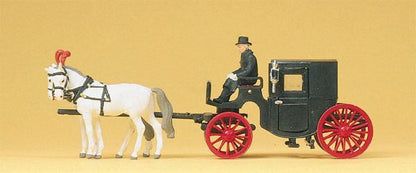 Preiser 30452 HO Scale Horse-Drawn Wagon Closed Taxi w/Three Figures