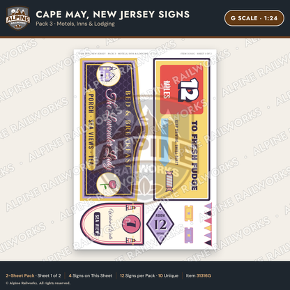 Alpine Railworks 31316G G Scale Cape May NJ Signs - Motels & Inns