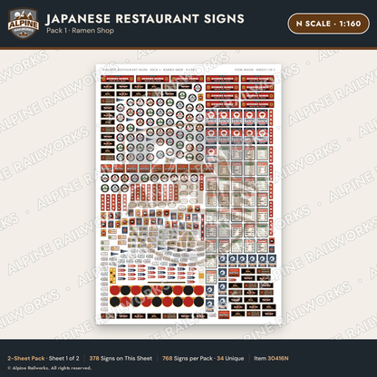 Alpine Railworks 30416N N Scale Japanese Restaurant Signs - Ramen Shop