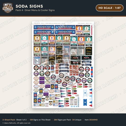 Alpine Railworks 30341HO HO Scale Soda Signs - Diner Menu & Cooler