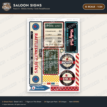 Alpine Railworks 30138G G Scale Saloon Signs - Honky-Tonk Roadhouse