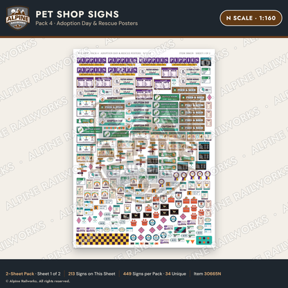 Alpine Railworks 30665N N Scale Pet Shop Signs - Adoption Day