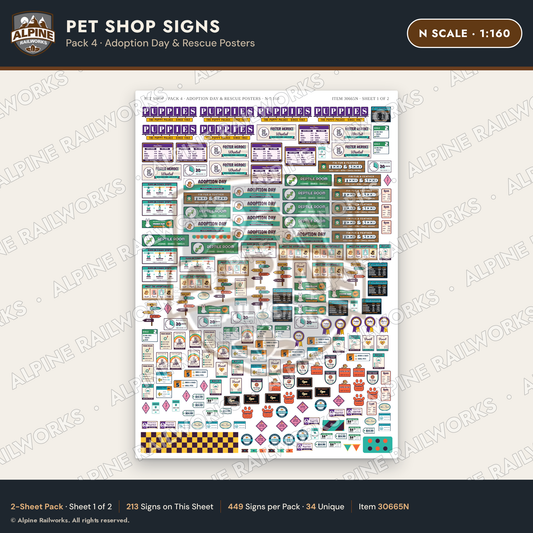 Alpine Railworks 30665N N Scale Pet Shop Signs - Adoption Day